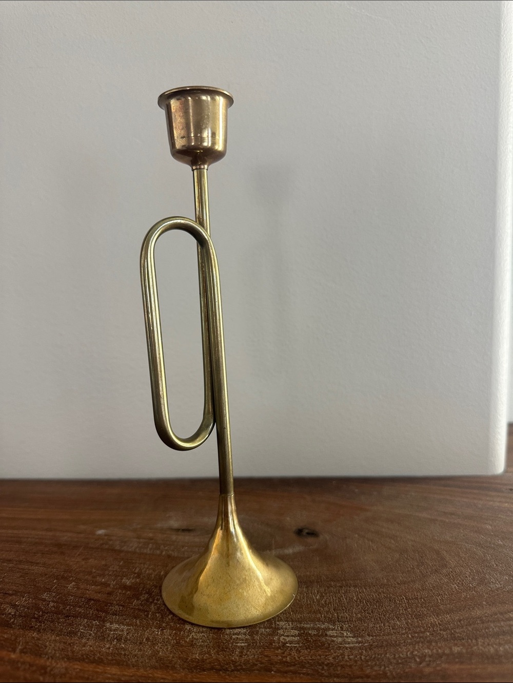 Vintage Brass Bugle Trumpet Taper Candle Holder - Solid Brass - 8”